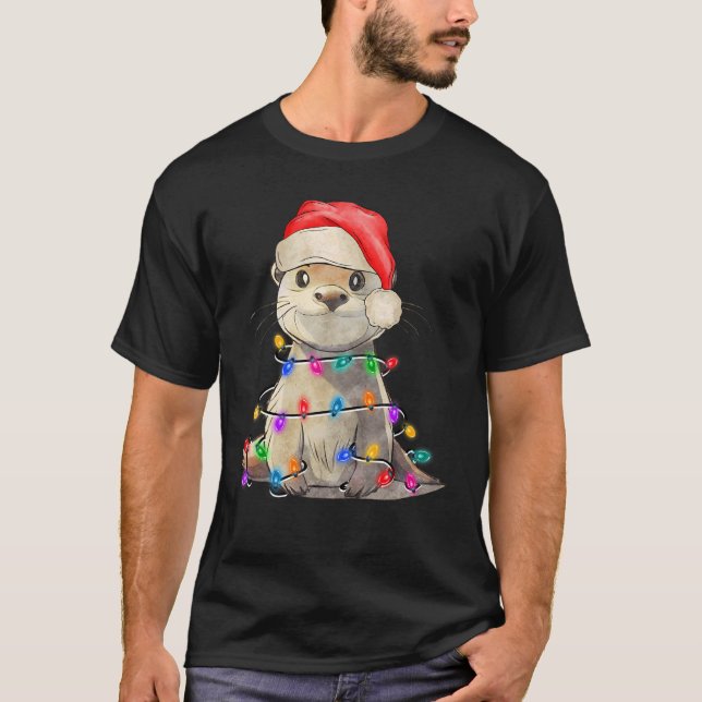 Otter Weihnachtsbaum Licht getanzt Pajama Xmas Gra T-Shirt (Vorderseite)