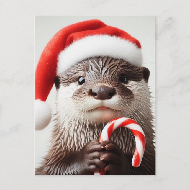 Otter Weihnachtsmannmütze Adorable Candy Cane Postkarte (Vorderseite)