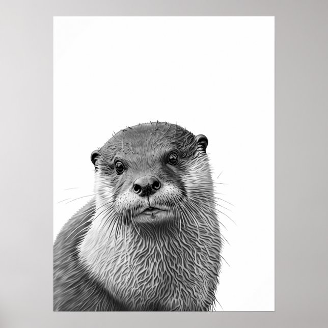 Otter Woodland Modernes Portrait Schwarz-weiß Poster (Vorne)