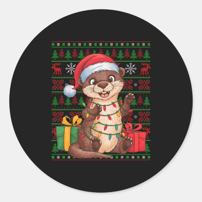 Otter Xmas Lights Ugly Santa Hat Otter Christmas  Runder Aufkleber (Vorderseite)
