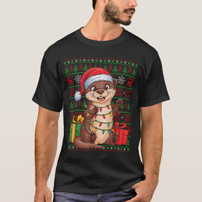Otter Xmas Lights Ugly Santa Hat Otter Christmas  T-Shirt (Vorderseite)