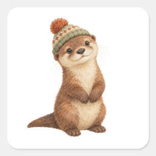 Otterjunges mit gestrickter Mütze Quadratischer Aufkleber