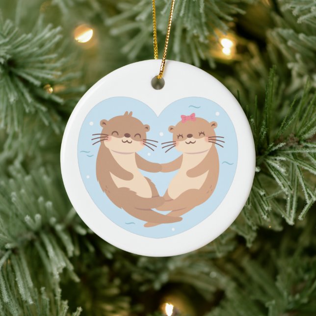Otterly In Love With You, Cute Otter Holding Hands Keramik Ornament (Baum)