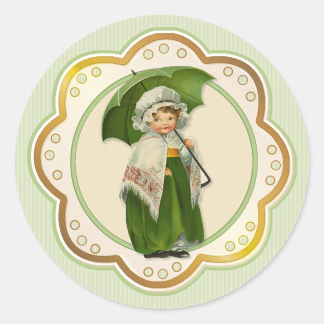 Ould Ireland Irish Umbrella Girl Runder Aufkleber (Vorderseite)