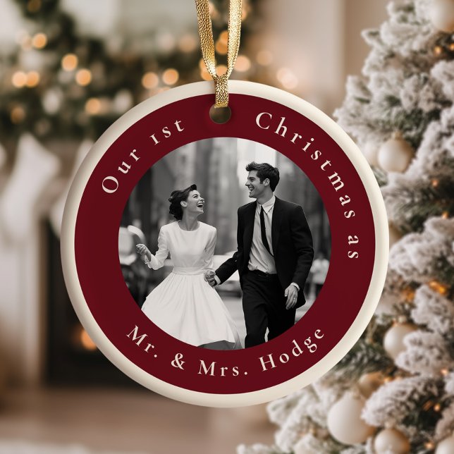 Our 1st Christmas as Mr and Mrs Retro Photo Keramik Ornament (Von Creator hochgeladen)