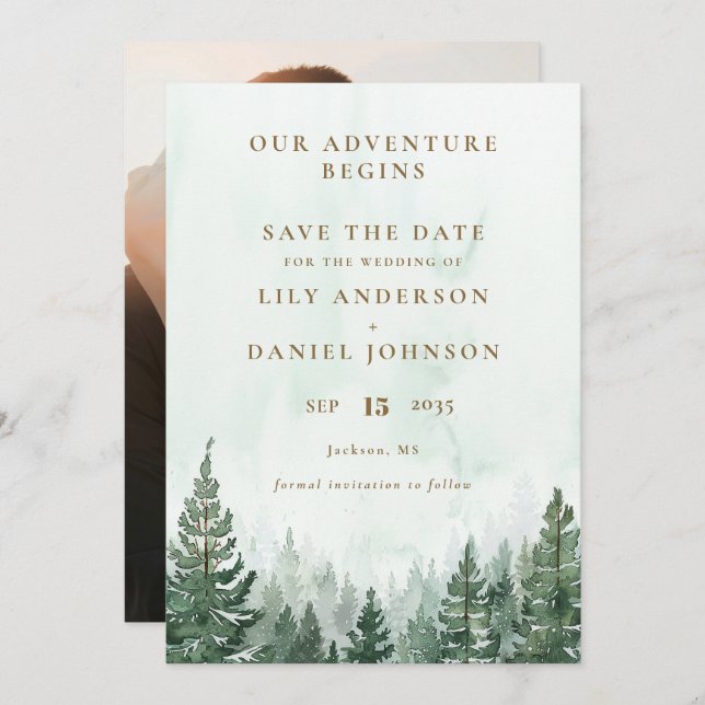 Our Adventure Rustic Pine Forest Photo Wedding Save The Date (Vorne/Hinten)