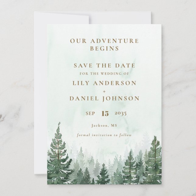 Our Adventure Rustic Pine Tree Forest Wedding Save The Date (Vorderseite)