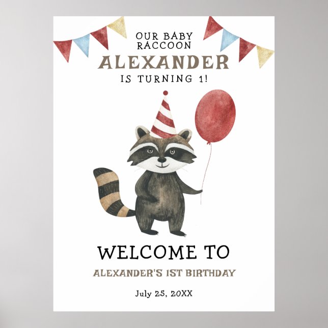 Our Baby Raccoon 1st Birthday Party Welcome Poster (Vorne)
