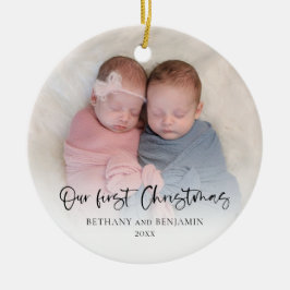 Our First Christmas 2 Photos Script Twin Baby Cera Keramik Ornament