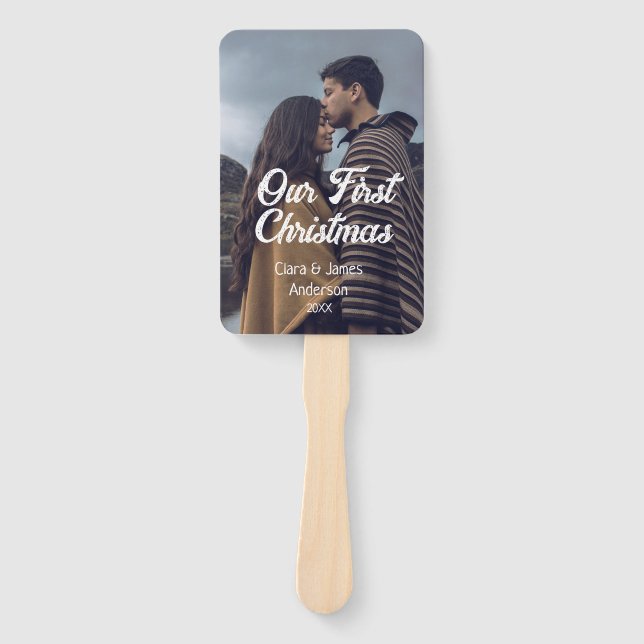 Our first Christmas couple photo name white gray Fächer (Vorderseite)