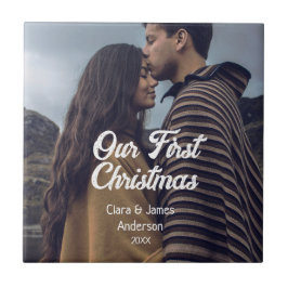 Our first Christmas couple photo name white gray Fliese