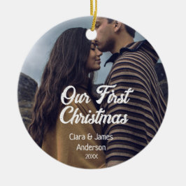 Our first Christmas couple photo name white gray Keramik Ornament