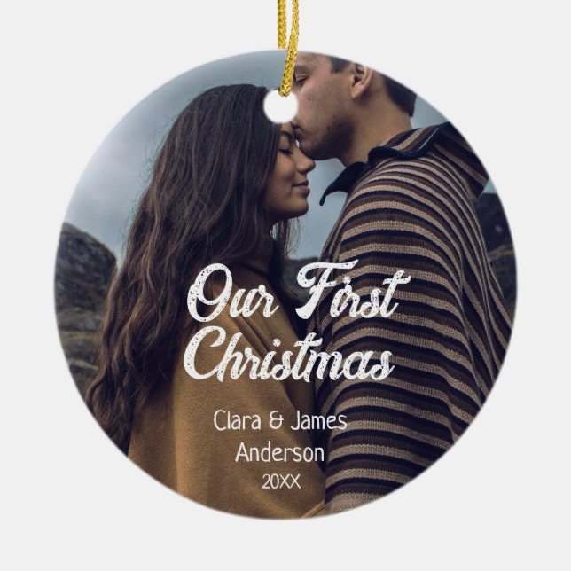 Our first Christmas couple photo name white gray Keramik Ornament (Vorne)