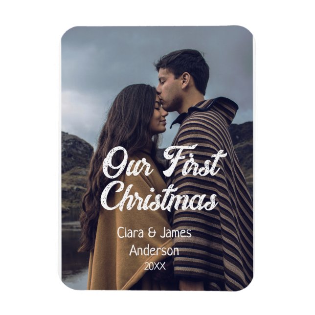 Our first Christmas couple photo name white gray Magnet (Vertikal)
