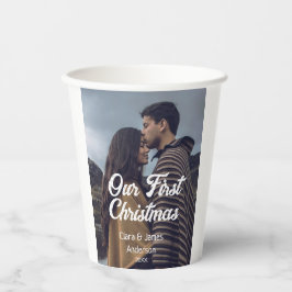 Our first Christmas couple photo name white gray Pappbecher