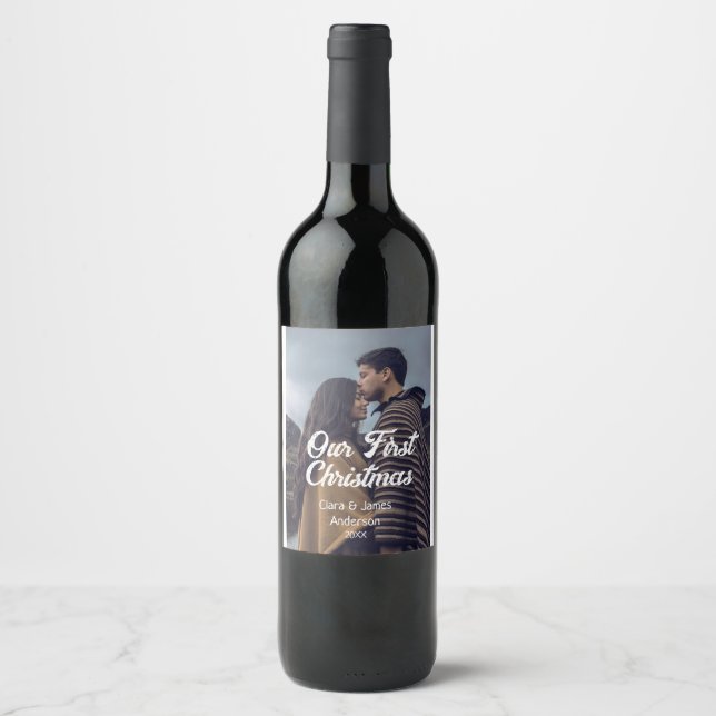 Our first Christmas couple photo name white gray Weinetikett (Vorderseite)