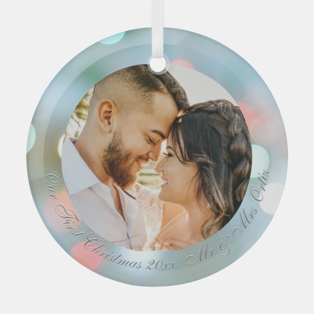 Our First Christmas DIY Names Datum Foto von Grey  Ornament Aus Glas (Vorderseite)