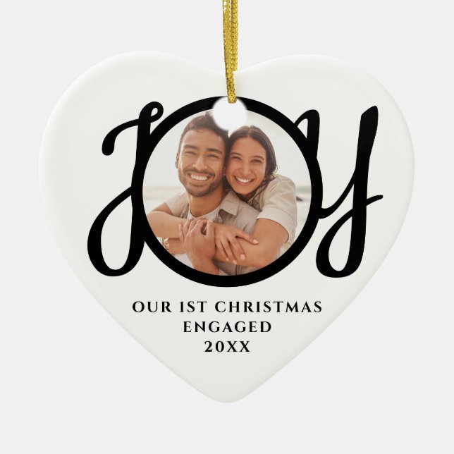 Our First Christmas Engaged 2 Photo Heart-Shaped Keramik Ornament (Vorne)