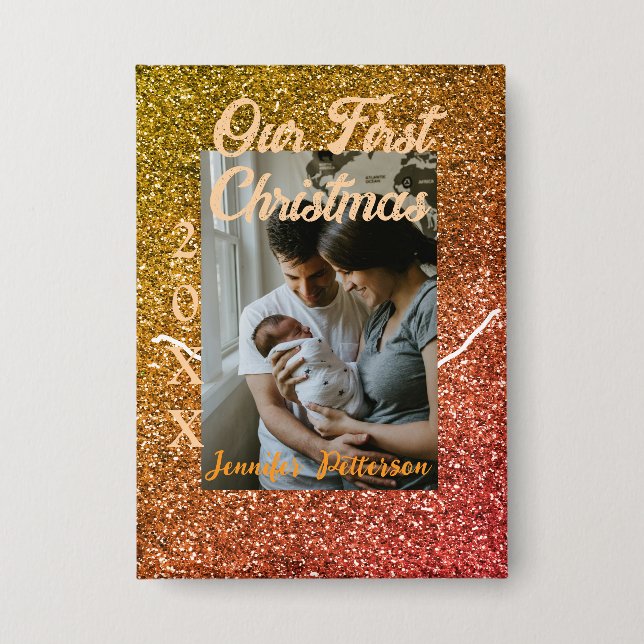 Our first Christmas orange red glitter photo year Button (Vorderseite)