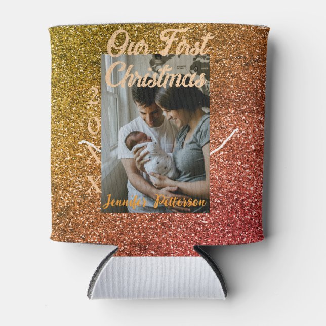 Our first Christmas orange red glitter photo year Dosenkühler (Vorderseite)