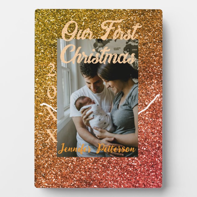 Our first Christmas orange red glitter photo year Fotoplatte (Vorderseite)