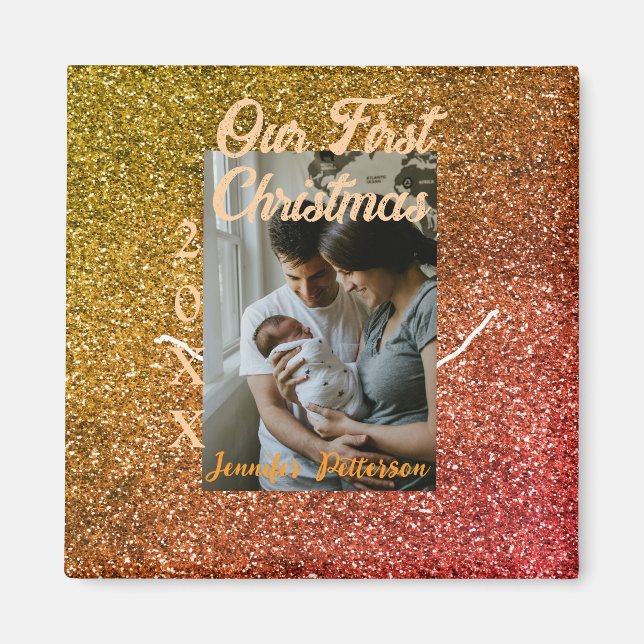 Our first Christmas orange red glitter photo year Magnet (Vorne)