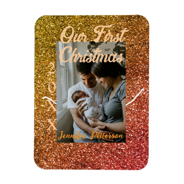 Our first Christmas orange red glitter photo year Magnet (Vertikal)