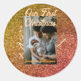 Our first Christmas orange red glitter photo year Runder Aufkleber