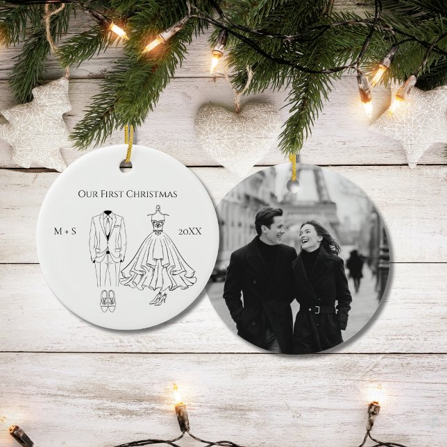 Our First Christmas Photo Wedding Dress Suit Cute Keramik Ornament (Von Creator hochgeladen)