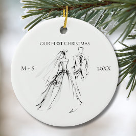 Our First Christmas Photo Wedding Dress Suit Cute Keramik Ornament