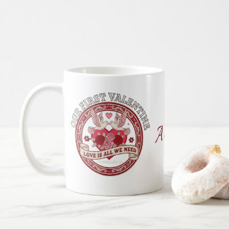 Our First Valentine Love Birds Custom Initial Mug Kaffeetasse