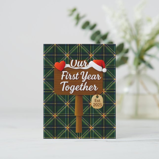 Our First Year Together 2025 Wooden Sign Postkarte (Stehend Vorderseite)