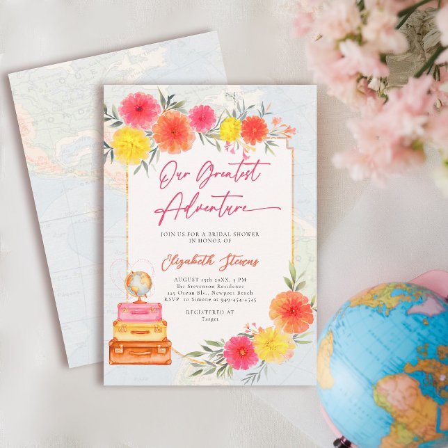 Our Greatest Adventure Floral Travel Theme Bridal Einladung (travel bridal shower invitation floral watercolor world map suitcase tropical hot pink zinnia)