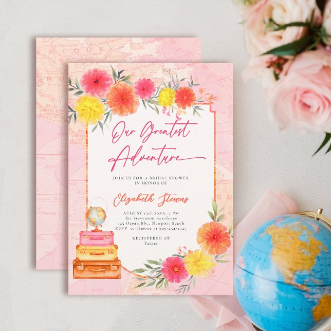 Our Greatest Adventure Floral Travel Zinnia Bridal Einladung (travel bridal shower invitation floral watercolor world map suitcase tropical hot pink orange yellow)