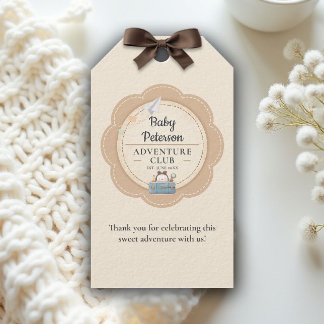 Our Greatest Adventure Neutral Cute Baby Shower Geschenkanhänger (our greatest adventure baby shower theme personalized gift tag coed couple vintage neutral)