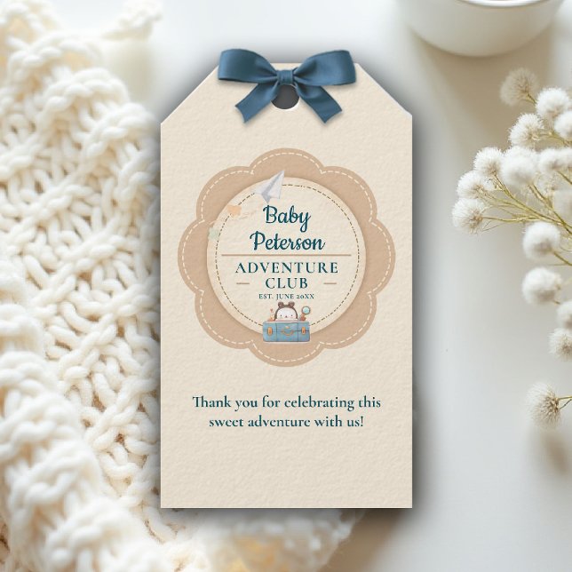 Our Greatest Adventure Teal Blue Cute Baby Shower Geschenkanhänger (our greatest adventure baby shower theme personalized gift tag coed couple vintage teal blue)