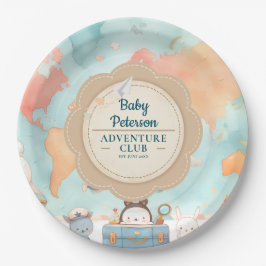 Our Greatest Adventure Vintage Blue Baby Shower Pappteller
