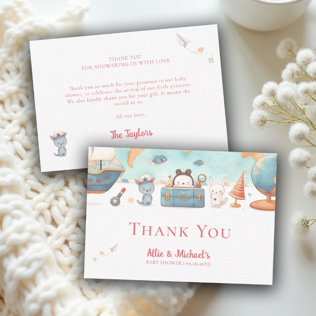 Our Greatest Adventure Vintage Pink Baby Shower Dankeskarte (our greatest adventure baby shower theme thank you card coed couple vintage pink)