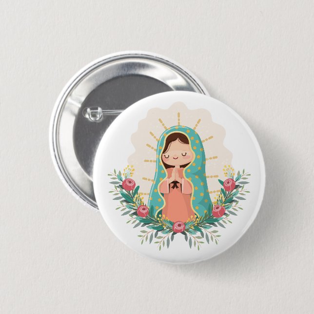Our Lady of Guadalupe with flowers Kawaii Style Button (Vorne & Hinten)