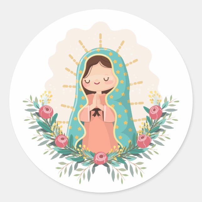 Our Lady of Guadalupe with flowers Kawaii Style Runder Aufkleber (Vorderseite)