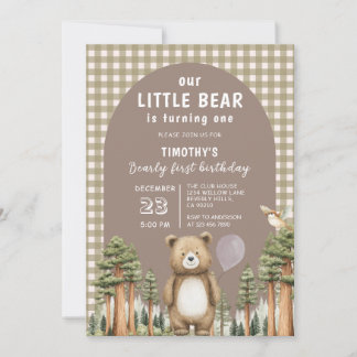 Our Little Bear is Turning One Forest Gingham Einladung