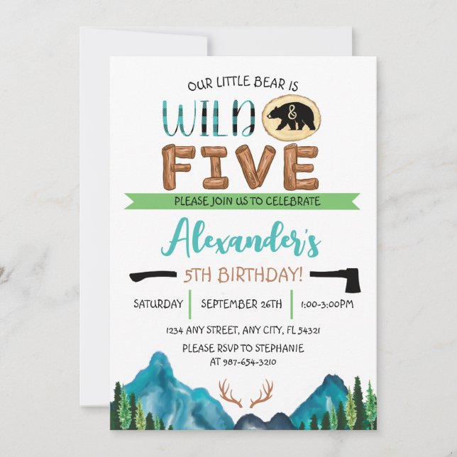 Our Little Bear is Wild & Five Geburtstag Einladung (Vorderseite)
