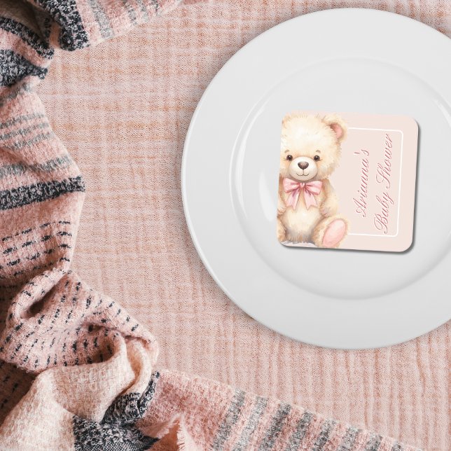 Our Little Bear on the Way Pink Bow Baby Shower Rechteckiger Pappuntersetzer (Von Creator hochgeladen)
