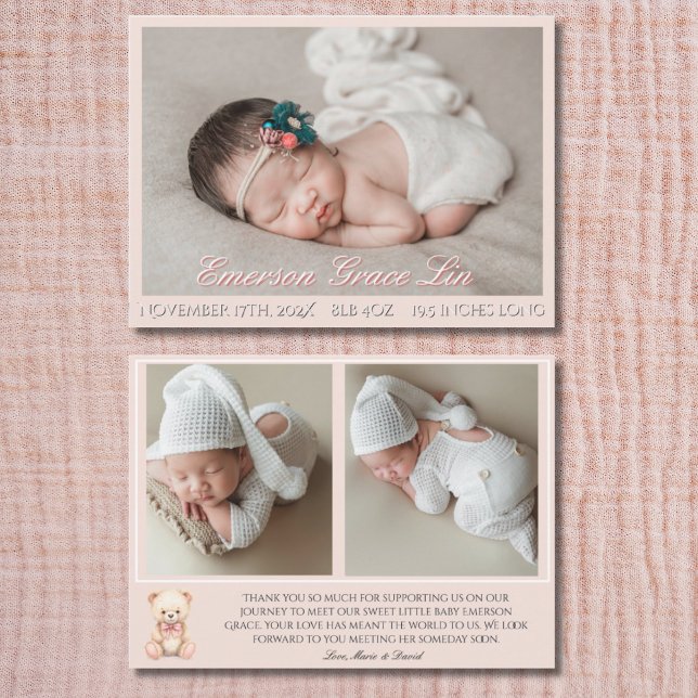 Our Little Bear Pink 3 Photo Birth Announcement  (Von Creator hochgeladen)