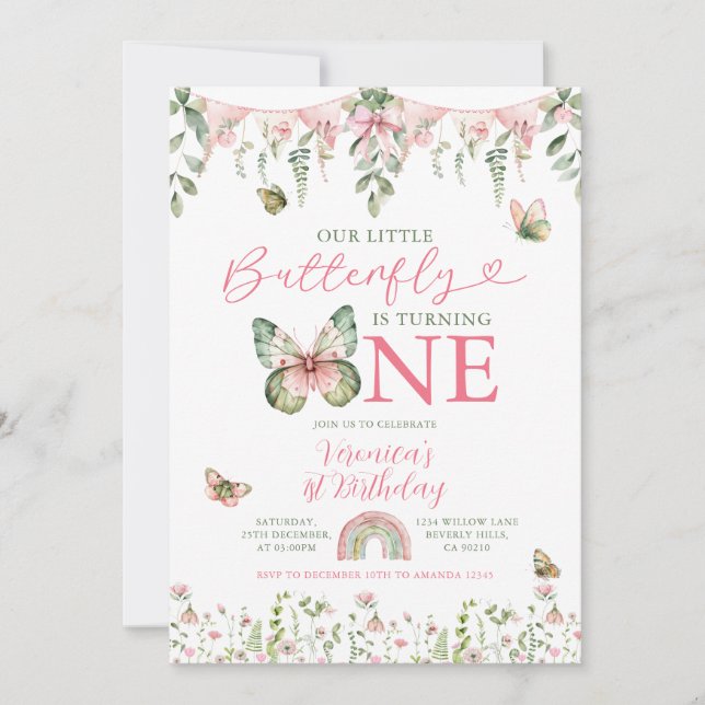 Our Little Butterfly is turning 1 Birthday Floral Einladung (Vorderseite)