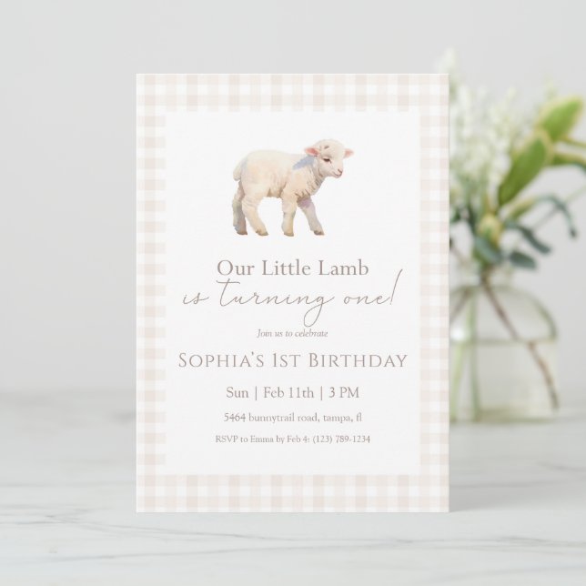 Our Little Lamb Birthday Neutral Gingham Einladung (Stehend Vorderseite)