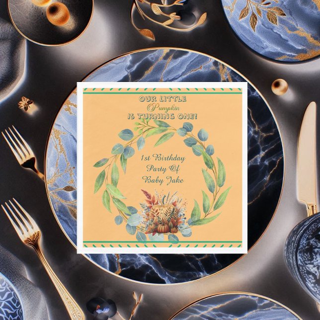 Our Little Pumpkin 1st Birthday Fall Wreath Orange Serviette (Our Little Pumpkin 1st Birthday Fall Wreath Orange Napkins)