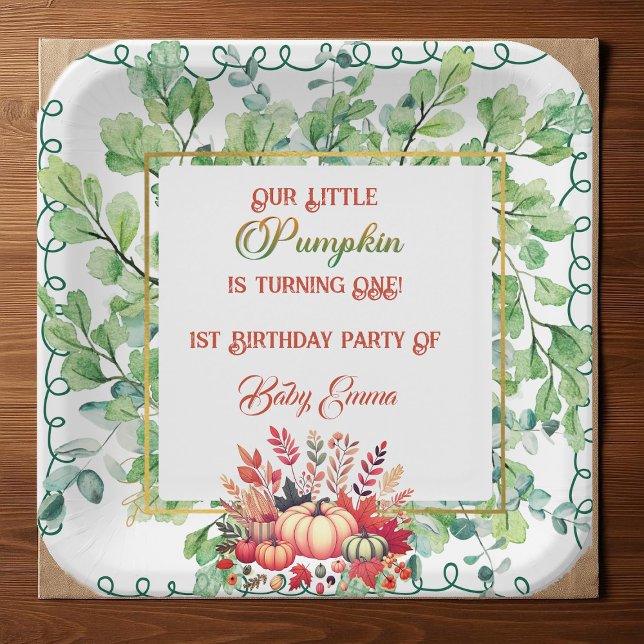 Our Little Pumpkin 1st Birthday Green Fall Wreath  Pappteller (Our Little Pumpkin 1st Birthday Green Fall Wreath Paper Plates)