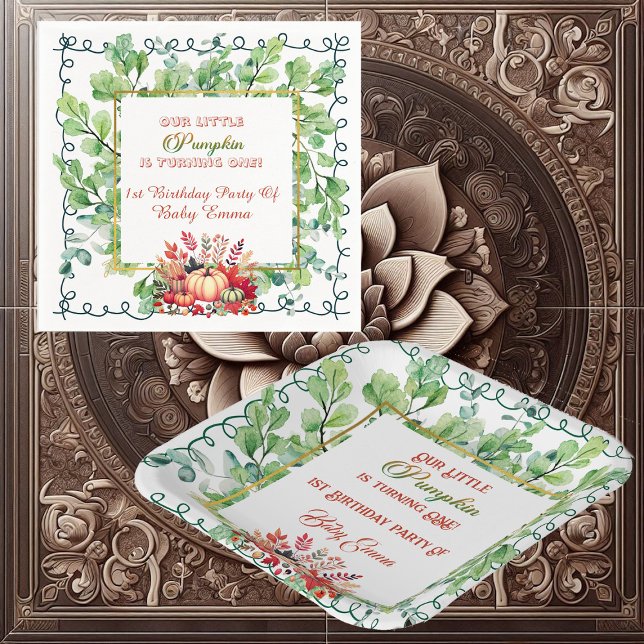 Our Little Pumpkin 1st Birthday Green Fall Wreath  Serviette (Our Little Pumpkin 1st Birthday Green Fall Wreath Napkins)