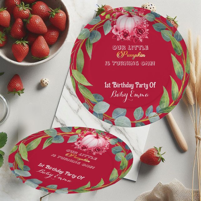 Our Little Pumpkin 1st Birthday Green Wreath Pink Pappteller (Our Little Pumpkin 1st Birthday Green Wreath Pink Paper Plates)